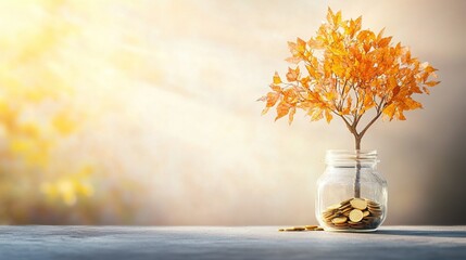 Savings jar beneath a golden tree, symbolizing prosperity and abundance in a serene, nurturing environment.