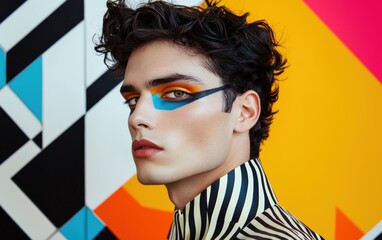 Fototapeta premium A man with chic styling, dark hair, and bold makeup, set in front of an abstract geometric shape-filled background
