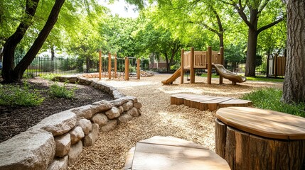 Eco-Friendly School Playground, vibrant wooden playsets, lush greenery, sunny morning ambiance, promoting outdoor learning and play.