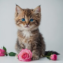 A fluffy kitten with bright blue eyes sitting next to a vibrant pink rose, surrounded by a clean white background."