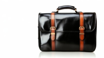 A glossy black briefcase adorned with chic brown straps, capturing modern professionalism and style for the discerning individual in today's competitive workplace.