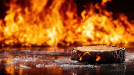 A striking image of a burning log amidst lively flames, capturing the intense and captivating power of fire in a dramatic, evocative visual display.