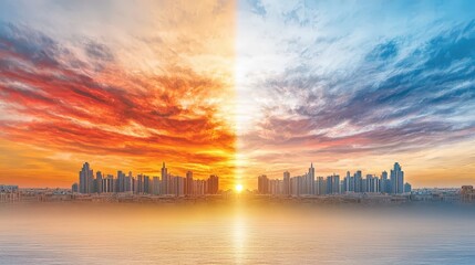 Fototapeta premium As the sun dipped below the horizon, the sky over Riyadh transformed into a breathtaking masterpiece of fiery reds, glowing oranges, and soft purples