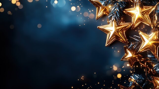 A festive and enchanting arrangement of golden stars and bright lights creates a magical atmosphere, perfect for celebrating the holiday spirit of Christmas.