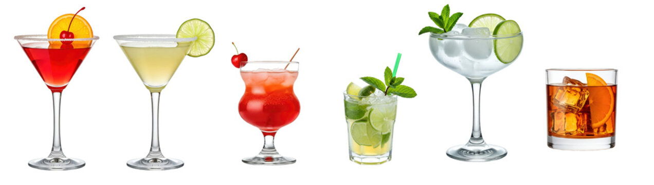 set colorful exotic summer refreshing ice cocktails  PNG white backround isolated Mojito, Margarita, Long Island, Cosmopolitan, Old fashioned, gin tonic, citrus garnish cold restaurant menu drinks