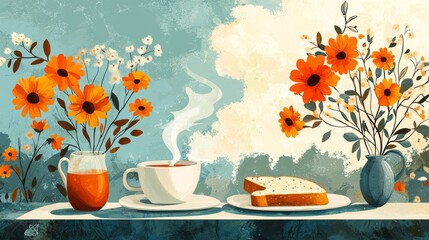 Whimsical breakfast illustration with tea toast and flowers