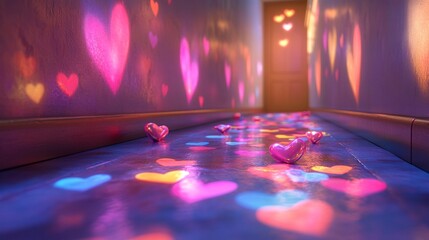 A whimsical candy-coated trail of glowing hearts scattered across a cartoon floor