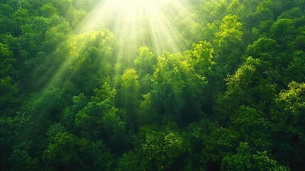 Obraz premium Sun rays illuminating lush green forest canopy from above. Aerial view, nature background, environmental conservation