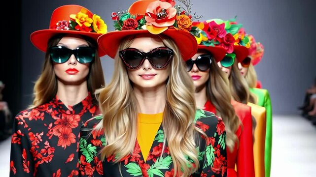 Vibrant fashion show with models in colorful floral outfits and stylish hats
