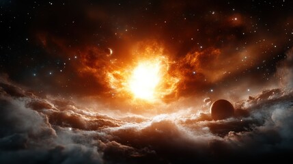 Naklejka premium A captivating cosmic scene depicts a massive celestial explosion surrounded by planets and ethereal clouds, symbolizing the beauty and chaos of the universe's nature.