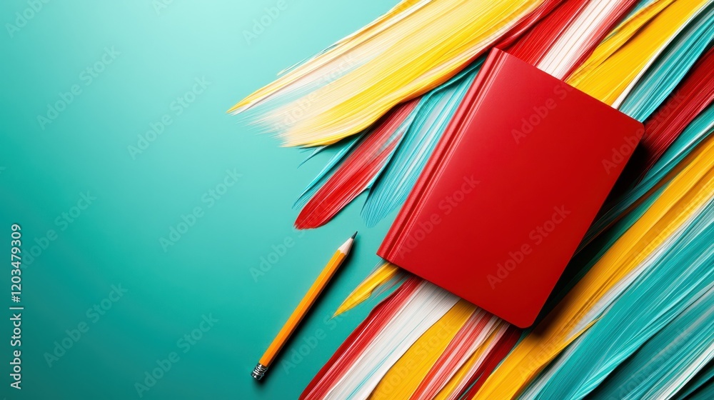 Poster a vibrant artistic workspace featuring a red notebook and colorful strokes, symbolizing creativity a