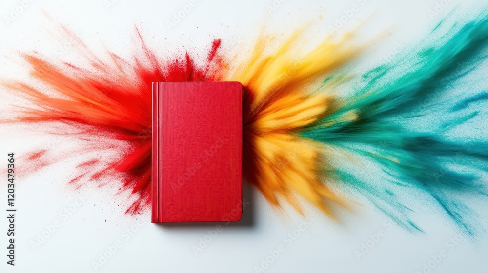 Poster a striking close-up of a red journal accompanied by dynamic color strokes, highlighting the interact