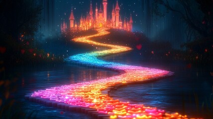 Fototapeta premium A glowing path of colorful hearts leading to a whimsical candy castle