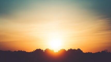 Fototapeta premium Golden Sunset Over Silhouetted Treescape Panorama