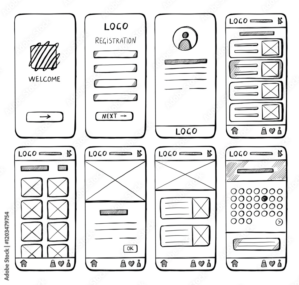 Wall mural hand drawn mobile website layout. sketch pencil doodle ui elements for web site, simple wireframe pa