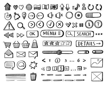 Wireframe buttons sketch. Hand drawn web app UI UX interface wireframed elements, website user interface mockup icons for web page application. Vector isolated set