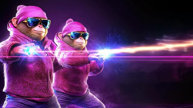 Funky monkeys in pink shooting energy beams with neon lighting