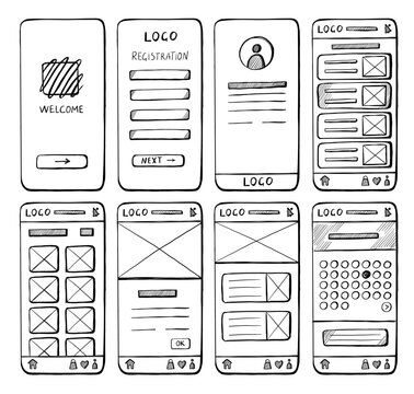 Hand drawn mobile website layout. Sketch pencil doodle UI elements for web site, simple wireframe page templates with buttons and arrows. Vector graphic
