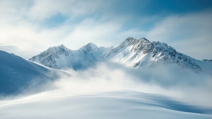 Obraz premium Serene Winter Passage, tranquil snow-covered mountains bathed in gentle light, inviting exploration and wonder in a pristine landscape.