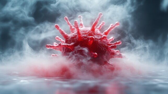 An artistic portrayal of a red virus particle against a misty backdrop, capturing the intricacies of its structure while symbolizing larger themes of health and society's challenges.