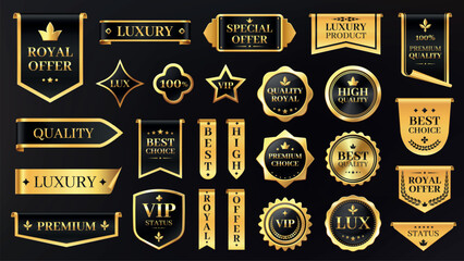 Premium golden label. Luxury quality badges and sale stickers for product packaging, exclusive shiny gold ribbon and stamp icons. Vector glossy certificate seal collection