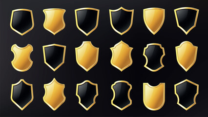 Golden shield badges. Realistic luxury metal trophy 3d frame, blank heraldic armor emblem for award label crest medieval design, antique royal aristocratic decor. Vector safety icons set