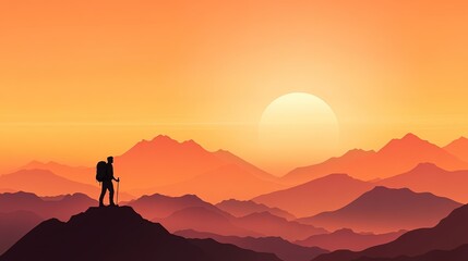 Backpacker on mountain summit at dawn, embodying adventure, freedom, personal discovery, breathtaking view, inspiring journey, solitude, exploration