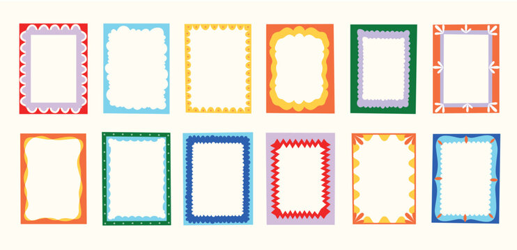 Doodle border frame. Decorative abstract wavy edge geometric shapes, cute funky bubble box text design elements. Vector isolated collection