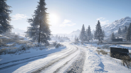 Fototapeta premium Snowy Winter Road in a Mountain Landscape