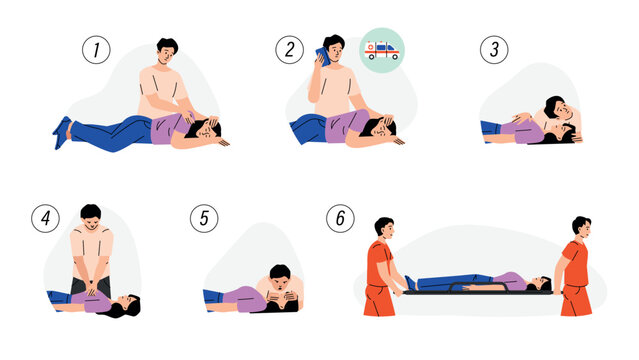 CPR aid. Medical cardiopulmonary resuscitation process, first help save life medics infographic, chest compression emergency medicine procedure. Vector illustration