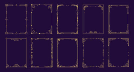 Naklejka premium Art deco frames. Geometric modern border design elements, elegant minimalistic decorative lines for wedding invitation card and luxury cover. Vector set