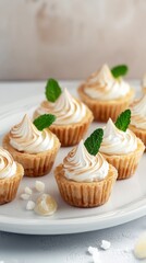 Mini lemon meringue tartlets on white plate	