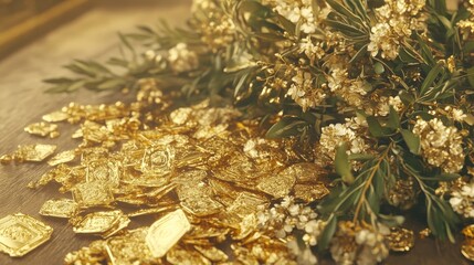 Golden Tokens Scattered Beside Gilded Floral Arrangement