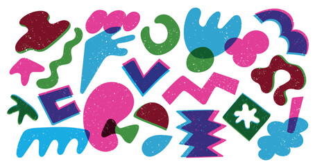 Abstract risograph shapes. Colorful random doodle geometric figures, modern childish riso graphic elements different textures. Vector isolated set