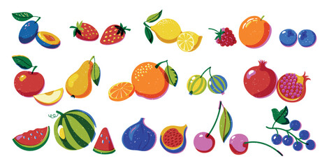 Riso print fruits. Retro botanical berry and fruit stamps, vintage plum apple strawberry lemon watermelon icons. Vector isolated collection © Tartila