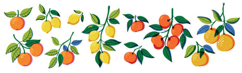 Riso print citrus. Cartoon lemon orange tangerine and grapefruit fruits, colorful botanical elements for juice packaging design. Vector isolated set