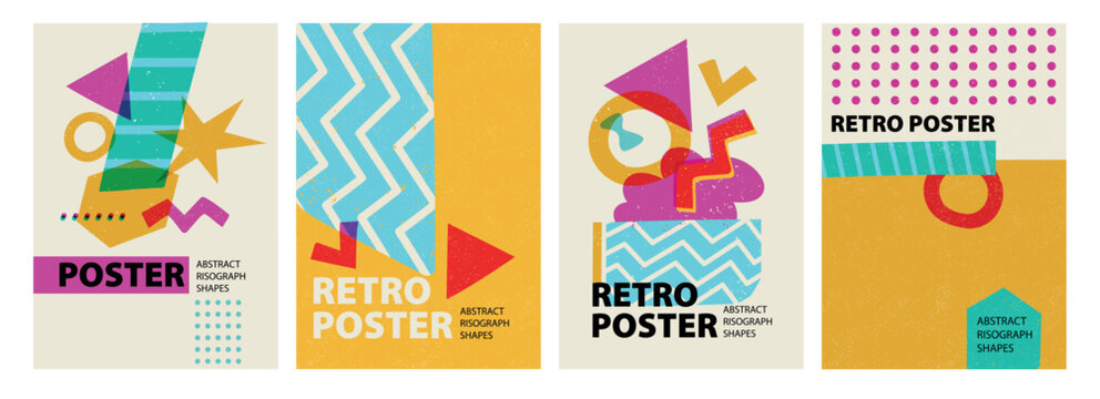 Abstract risograph posters. Modern riso print design with minimal geometric shapes, creative banner layout for magazine cover, brochure, flyer. Vector set