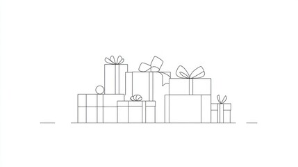 Minimalist Line Art of Gift Boxes with Bows for Celebrations and Festive Occasions in Black and White