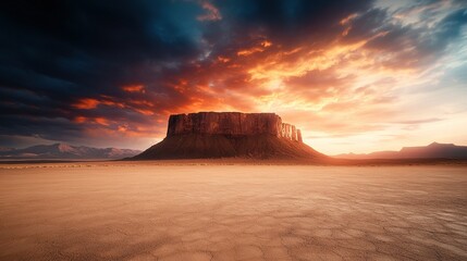 Desolate mesa in stark desert landscape, dramatic shadows and highlights create a striking visual impact, expansive sky above