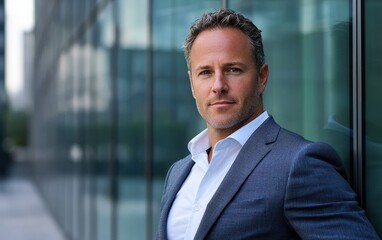 Fototapeta premium A modern executive with sharp features and a clean-shaven look, standing confidently against a sleek glass office building