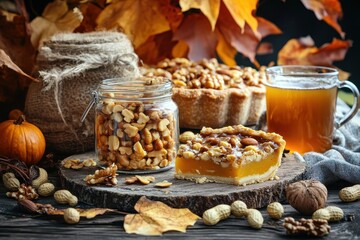 Rustic Autumn Scene with Treats and Warm Beverages