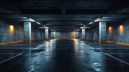 Empty parking lot bathed in soft light showcasing the vast space available for vehicles surrounded by dark concrete walls capturing the essence of an urban underground garage