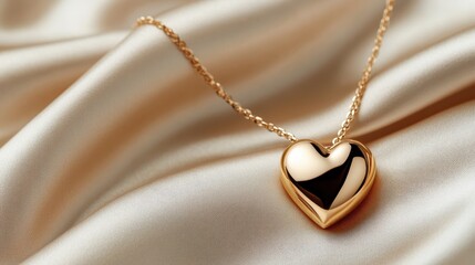A delightful golden heart pendant beautifully placed on luxurious satin fabric, representing love and warmth, ideal for branding gifts or marketing luxury jewelry products.