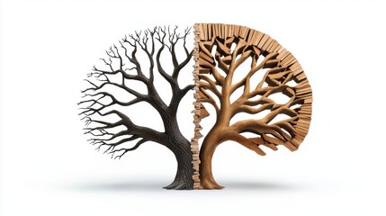 Divided Tree Symbolizing Opposing Natures with Wooden and Bare Branches on White Background, Representing Nature's Creation vs Human Creation