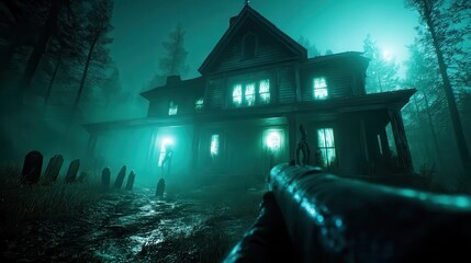 Obraz premium A chilling haunted house looms ominously in a foggy forest, illuminated by eerie green light, evoking feelings of fear, mystery, and suspense in the viewer.
