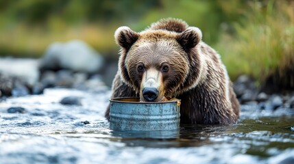 Obraz premium A bear curiously investigates a metallic barrel in a flowing stream, capturing a moment of natural intrigue amidst lush surroundings and crystal-clear water.