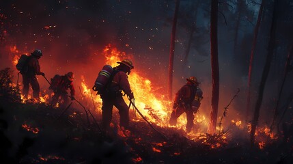 Fototapeta premium Brave firefighters battling fierce wildfire under dark smoky sky amidst burning trees and glowing flames in dramatic nature scene