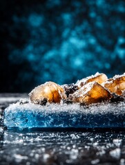 Fototapeta premium Amber crystals gleam subtly on icy blue surface dramatic dark background. AI Generated