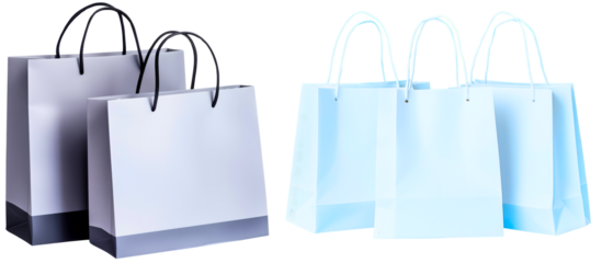 choice of two sets of paper shopping bags isolated over transparent (white) background: group of 3 classic white ones and 2 gray elegant ones; cutted element perfect for retail advertising