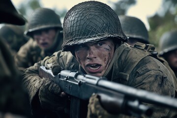 Fototapeta premium World War II soldiers engaged in a reenactment battle with authentic uniforms and gear in a dramatic, dusty environment